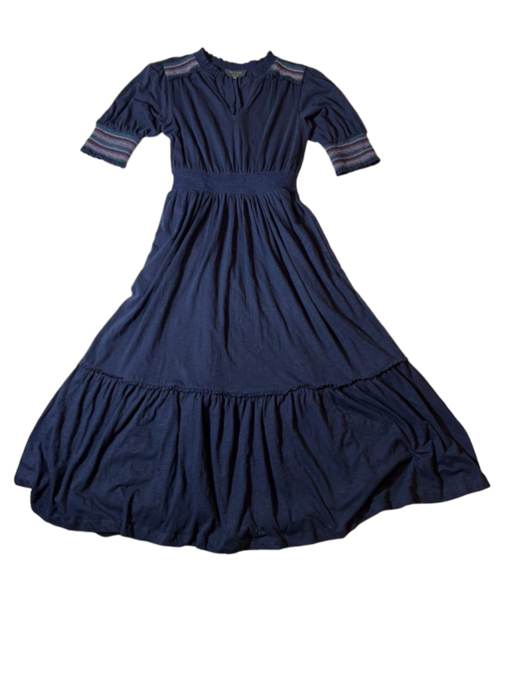 WYSE London Navy Smocked Tiered Cotton Maxi Dress Size 1 Boho Cottagecore